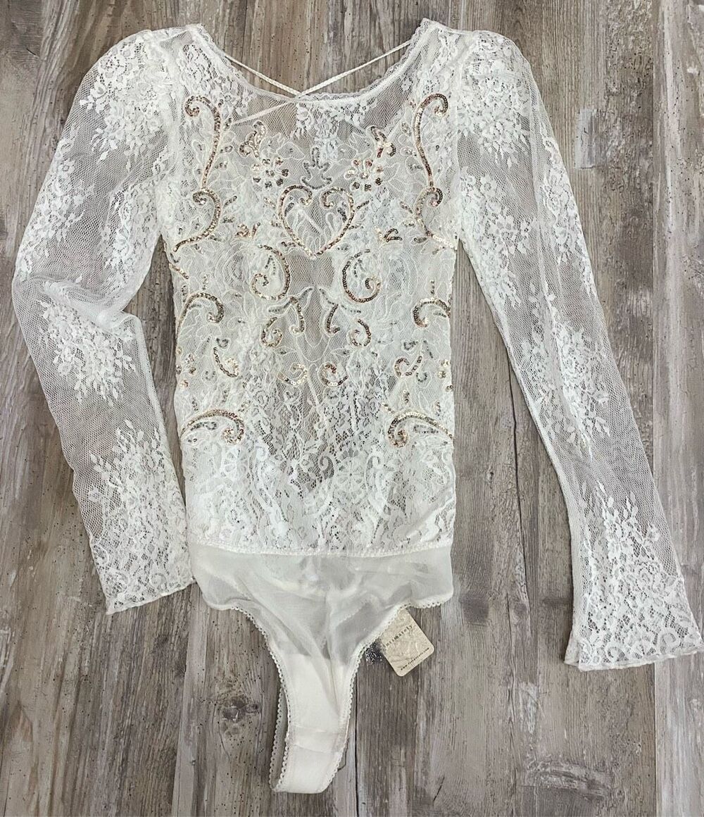 Intimately Free People White Gold Sequin Bodysuit Blouse Sz S